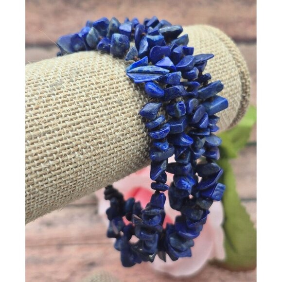 Muti Strand Natural Blue Lapis Chip Stone Bracelet Boho Hippie Nature Lover - Picture 5 of 9